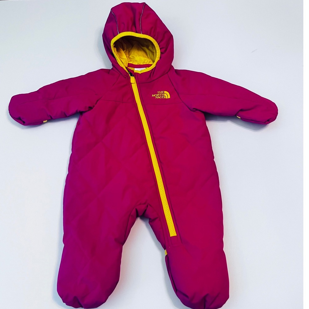 The North Face Infant Bunting 3-6M Pink Yellow Quilted Hooded Winter Suit Fleece